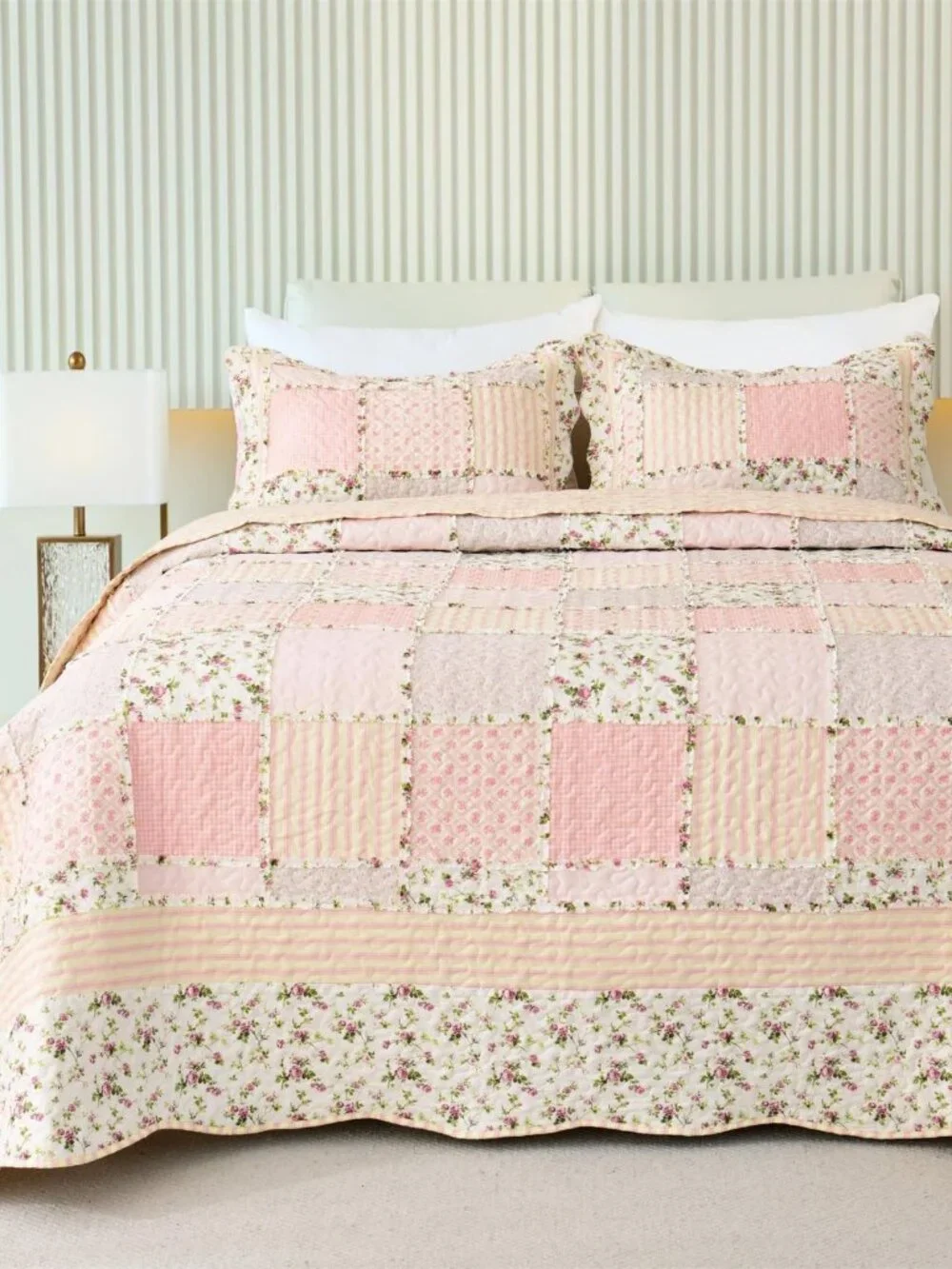 Cmfshape Floral Quilt Set Queen 3 Piece Patchwork Pink Yellow 2 Pillow Shams